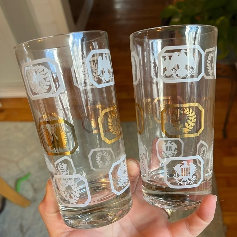 Highball Glasses Set of 2 Vintage Gold & White w/ Eagles Laurel Wreaths